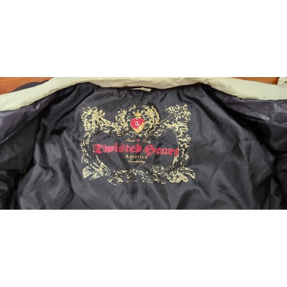 Y2k Twisted Heart Black White Trim Puffer Jacket Gold Button Zip Pockets - Picture 6 of 11